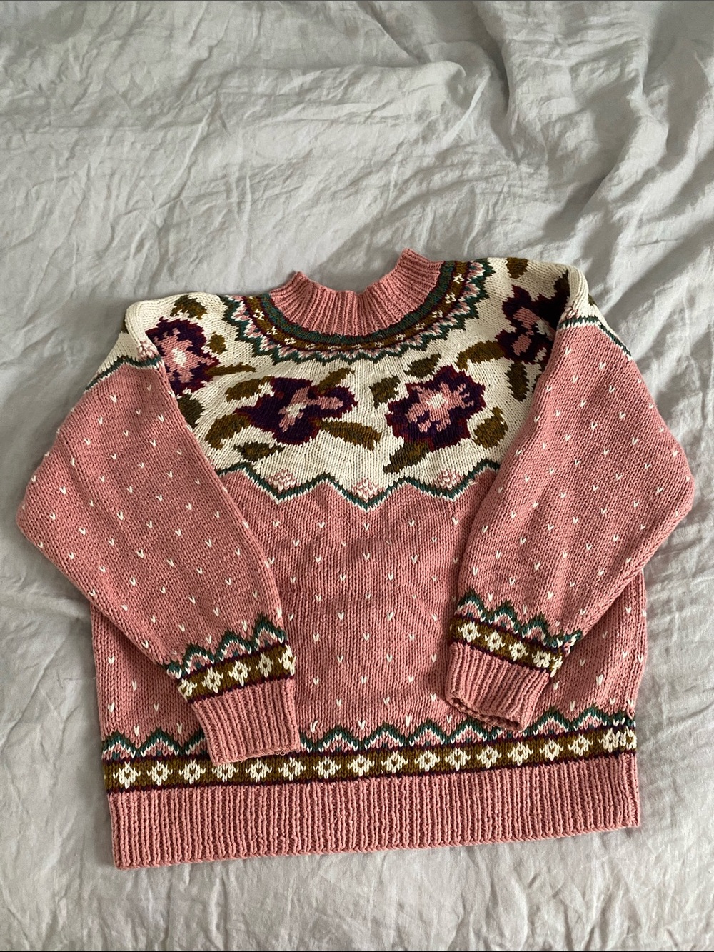 Handmade Pink Floral Fair Isle Knit Sweater